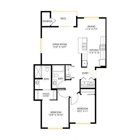 Floor plan for 2 beds, 2 baths, 1040 sqft